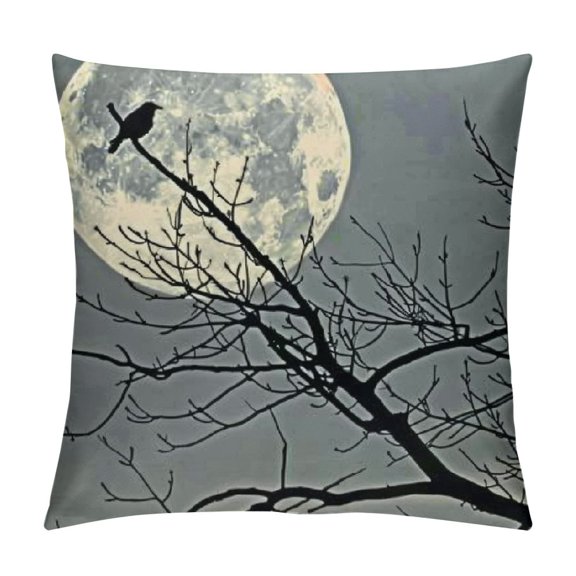 Crow Pillow Sham, Crow Sitting on Leafless Tree Branches Against Full Moon Sky Illustration, Decorative Standard Size Printed Pillowcase Grey Black