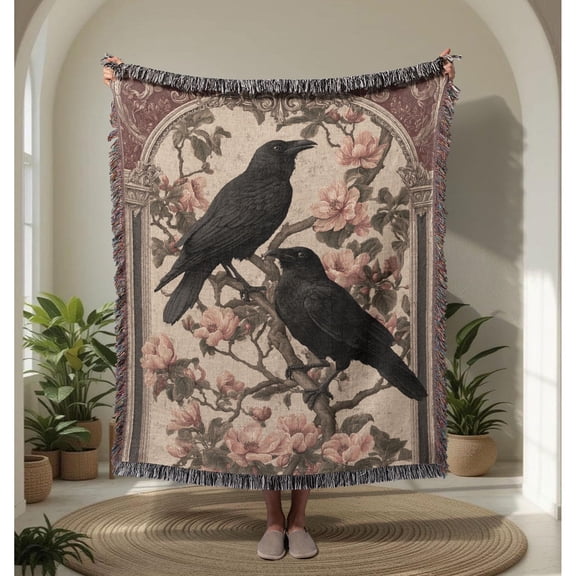 Crow Raven Bird Watcher Woven Throw Blanket, Cotton with Fringed Edges for Living Room Decor
