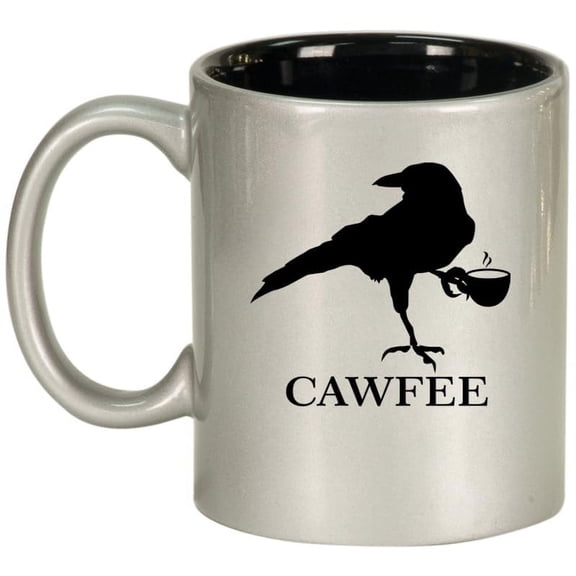 Crow Raven Blackbird Cawfee Funny Ceramic Coffee Mug Tea Cup Gift for Her, Him, Friend, Coworker, Wife, Husband (11oz Silver)