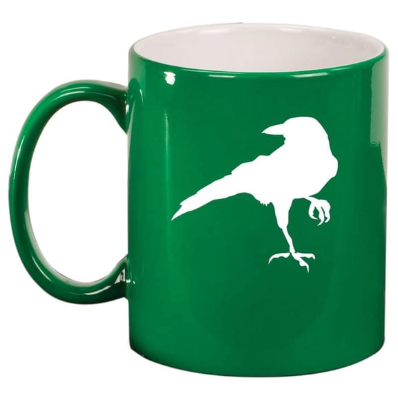 Crow Raven Blackbird Ceramic Coffee Mug Tea Cup Gift for Her, Him, Women, Men, Wife, Husband, Friend, Coworker, Cute, Ornithology, Corvus, Animals, Birds, Birdwatching, Bird Lover (11oz Green)