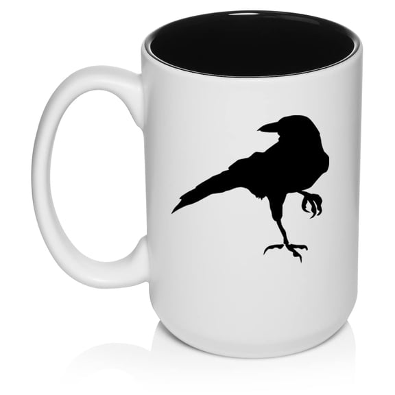 Crow Raven Blackbird Ceramic Coffee Mug Tea Cup Gift for Her, Him, Women, Men, Wife, Husband, Friend, Coworker, Cute, Ornithology, Corvus, Animals, Birds, Birdwatching, Bird Lover (15oz White)