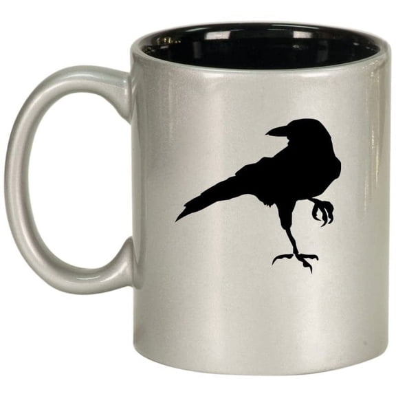 Crow Raven Blackbird Ceramic Coffee Mug Tea Cup Gift for Her, Him, Women, Men, Wife, Husband, Friend, Coworker, Cute, Ornithology, Corvus, Animals, Birds, Birdwatching, Bird Lover (11oz Silver)