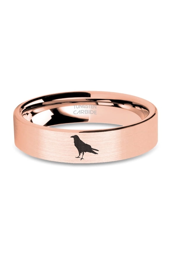 Crow Raven Corvid Engraved Brushed Rose Gold Tungsten Wedding Band, 6mm, Size 14
