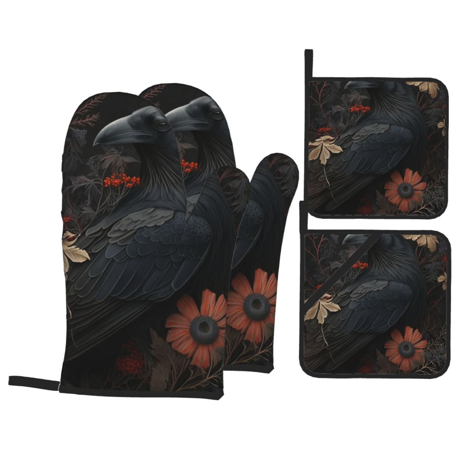 Crow Raven Flowers Gothic Black 4Pcs Oven Mitts and Pot Holders Sets Oven Kitchen Gloves Hot Pads for Cooking BBQ Baking Grilling