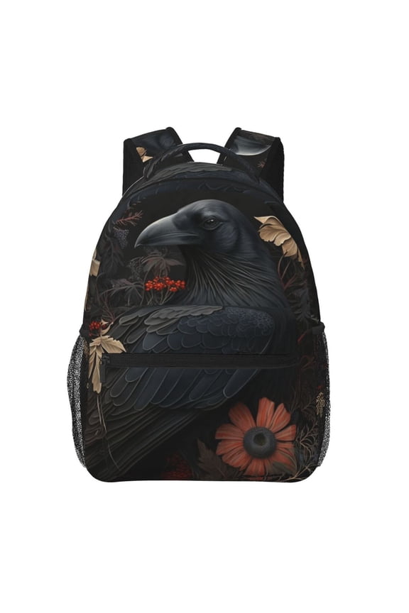 Crow Raven Flowers Gothic Black Backpack Casual College Bag Zipper Laptop Daypack Hiking Rucksack Travel