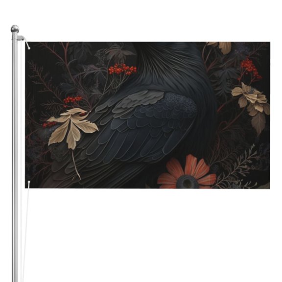 Crow Raven Flowers Gothic Black Double Sided Flag 3x5FT Reversible Garden Flag Outdoor Decor for House, Porch, Lawn, Yard, Indoor Wall, Party Decoration