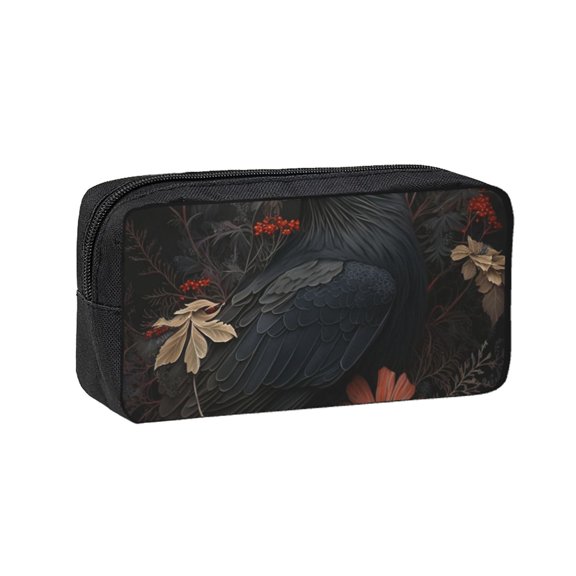 Crow Raven Flowers Gothic Black Large Capacity Pen Case Pencil Pouch Multi-Purpose Storage for Art Supplies, Makeup, Stationery, Office, Travel