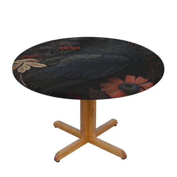 Crow Raven Flowers Gothic Black Round Fitted Tablecloth Elastic Edged Table Cloth Waterproof Table Cover 48in