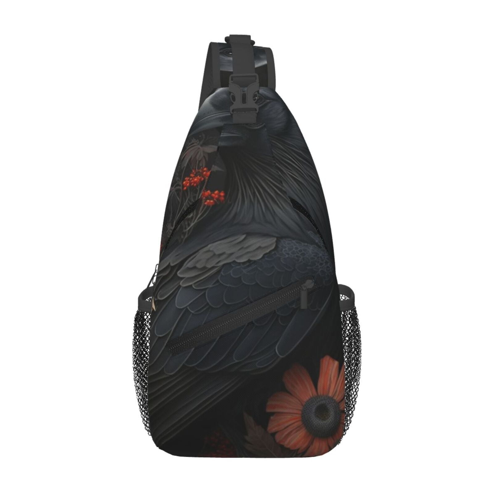 Crow Raven Flowers Gothic Black Sling Backpack Shoulder Chest Crossbody Bag Causal Travel Hiking Daypack