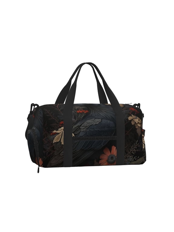 Crow Raven Flowers Gothic Black Sports Duffel Bag with Shoe Compartment Travel Crossbody Bag for Gym Yoga Dance