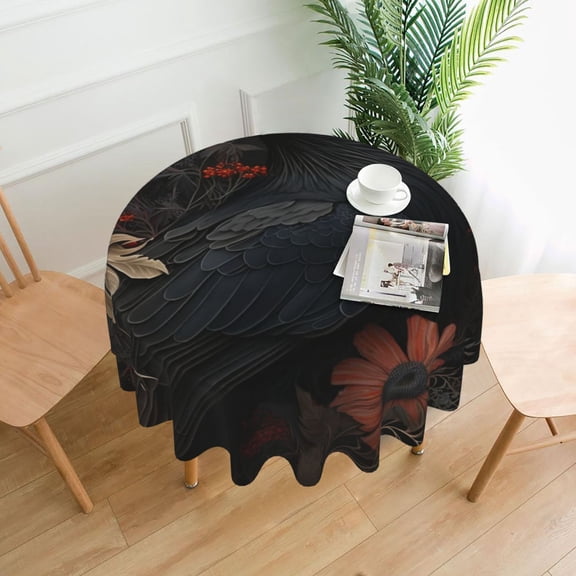 Crow Raven Flowers Gothic Black Tablecloths Round 60 inch Fabric Table Cloth Cover for Dining Kitchen Wedding Party
