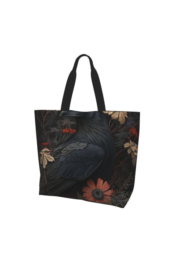 Crow Raven Flowers Gothic Black Women Reusable Bag Large Shoulder Handbag Top Handle Purse Tote