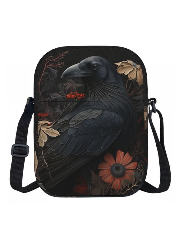 Crow Raven Flowers Gothic Black Zipper Crossbody Bag Everyday Travel Pouch Adjustable Strap Commuter Bags