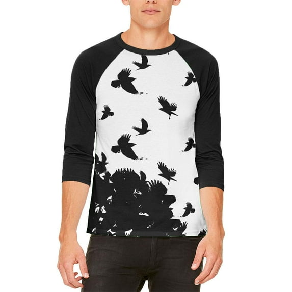 Crow Raven Flying Winter Autumn Mens Raglan T Shirt White-Black SM