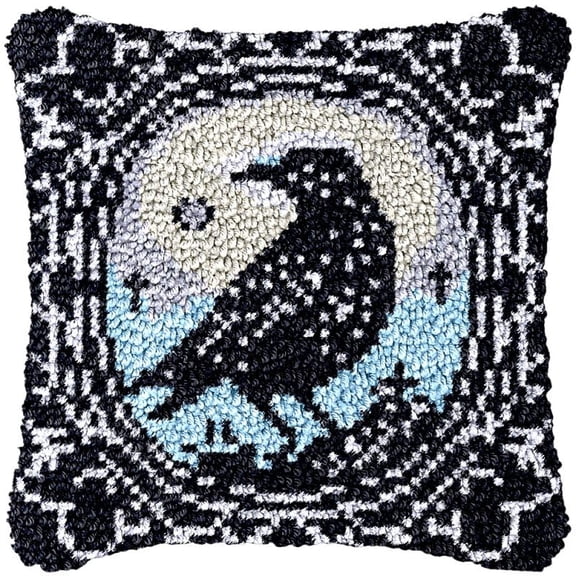 Crow Raven Latch Hook Kits Pillow DIY Rug Crochet Hook Cushion Making Kits Printed Pattern Canvas Crochet Needlework Hooking Pillow Cover Easy to Starter DIY Kits 43x43cm