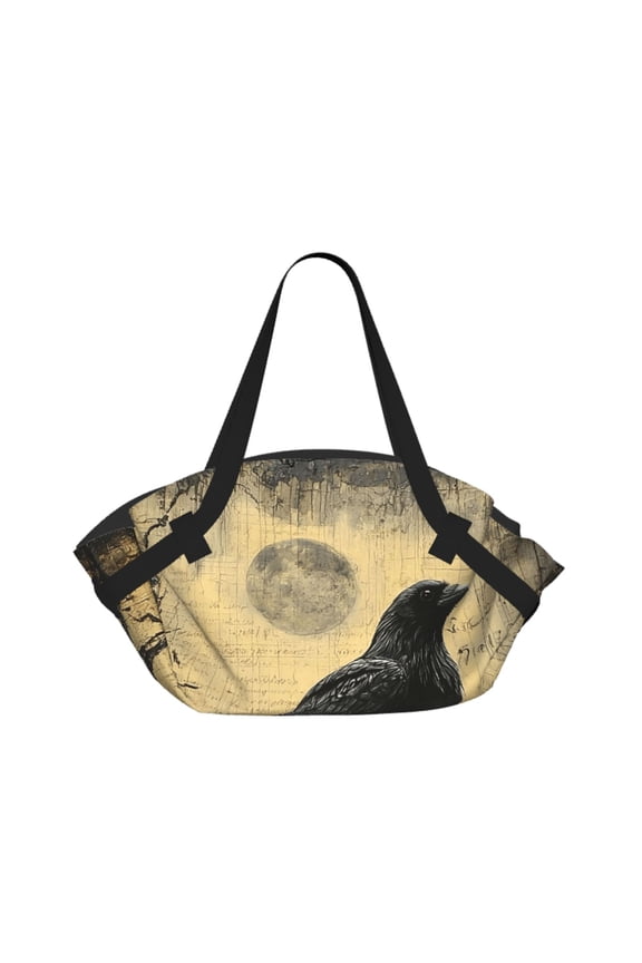 Crow Raven Vintage 2-in-1 Foldable Picnic Blanket Tote Bag Shoulder Handbag, Large Circular Outdoor Mat for Beach Camping Park
