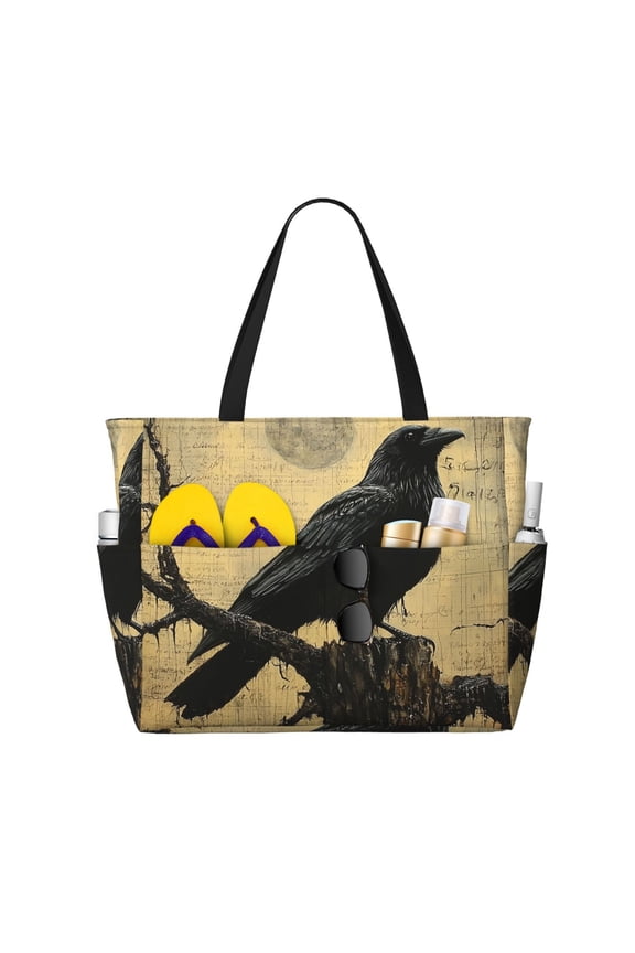 Crow Raven Vintage Large Capacity Beach Travel Tote Bag Shoulder Handbag for Gym Camping Shopping