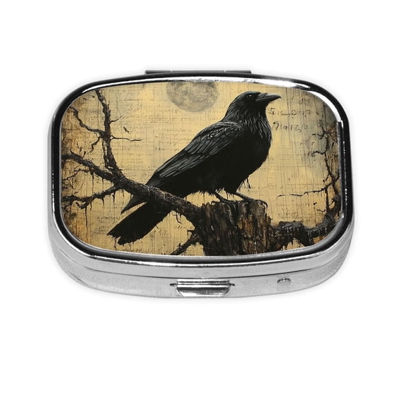 Crow Raven Vintage Square Pill Box 2 Compartment Pill Case Medicine Organizer Decorative Gift for Purse Pocket