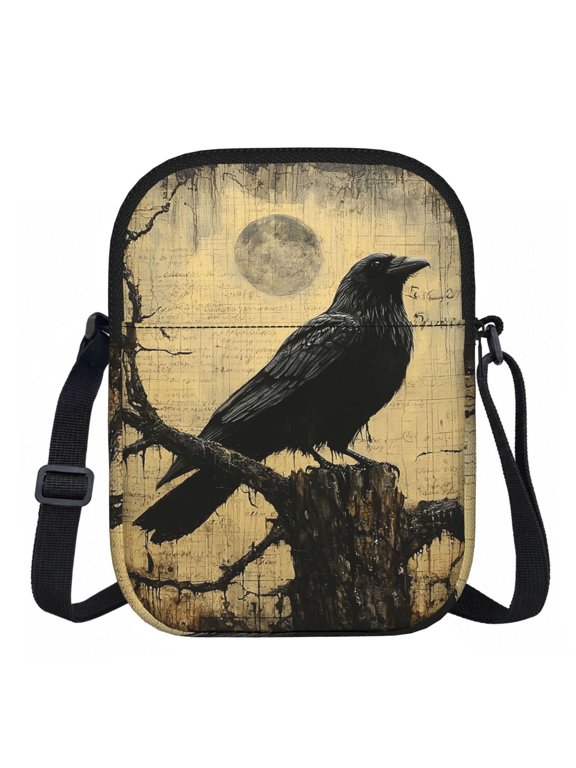 Crow Raven Vintage Zipper Crossbody Bag Everyday Travel Pouch Adjustable Strap Commuter Bags