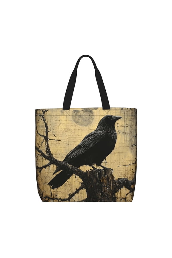 Crow Raven Vintage Zippered Tote Bag Large Capacity Shoulder Handbag for Shopping, Work, Travel