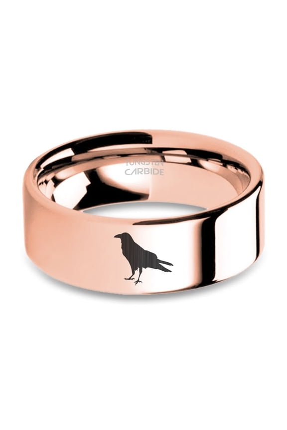 Crow Rook Magpie Laser Engraved Rose Gold Polished Tungsten Ring, 8mm, Size 10