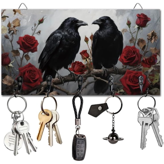 Crow Rose Branch Key Holder Key Hooks Wall Mounted Wooden Key Racks with 5 Hooks Key Storage Organizer House Key Hanger for Wall Decor Door Entryway Hallway Kitchen New Home Gift Gray