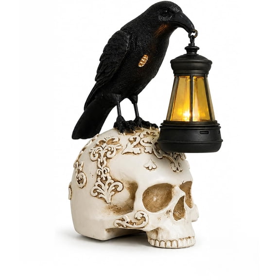 Crow Skull Lamp Solar Halloween Decor, Gothic Resin Skeleton Night Light