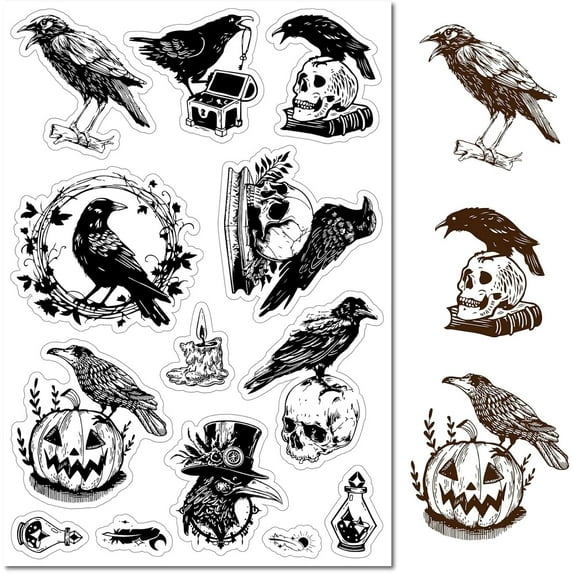 Crow Skull Pumpkin Clear Rubber Stamp Halloween Raven Vintage Transparent Silicone Seals Stamp for Journaling Card Making DIY Scrapbooking Handmade Photo Album Notebook Decor