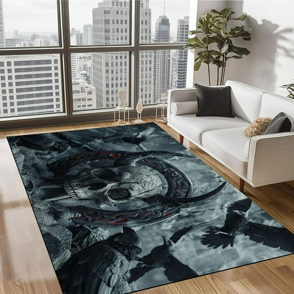 Crow Skull Rugs for Bedroom Living Room, Gothic Area Rug 5x8, Goth Raven Skeleton Home Decor Carpet, Washable Non Slip Indoor Rug