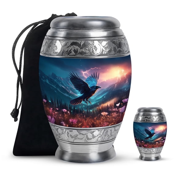 Crow Small Keepsake Urns, Cremation Urn for Human Ashes, Handcrafted Memorial Urns for Family, Tiny Urn for Burial & Funeral, Mini Ash Container for Men & Women, 10 & 3 Inch