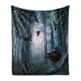 thumbnail image 1 of Crow Soft Flannel Fleece Blanket, Fish Eye Shot of Flying Birds in a Gloomy Woodland Gothic Themed Picture, Cozy Plush for Indoor and Outdoor Use, 60" x 80", Charcoal Grey Blue Grey, by Ambesonne, 1 of 6