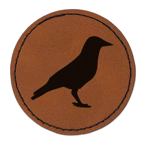 Crow Solid 2.5" Faux Leather Round Engraved Iron-On Patch - Brown