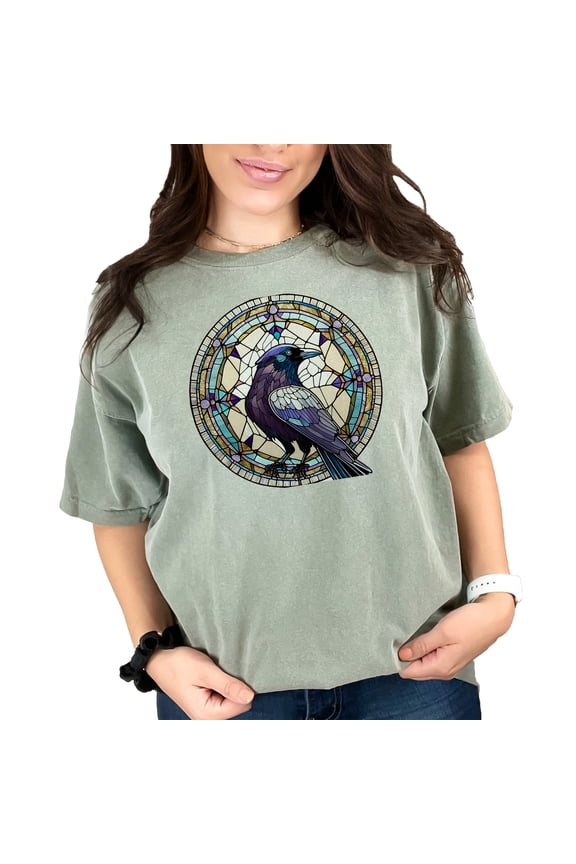Crow Stained Glass Art T-Shirt, Unique Gothic Bird Design Tee, Artistic Raven Apparel, Fantasy Crow Graphic Shirt, Cool Nature Lover Gift, Moss Comfort Colors T-Shirt, XL