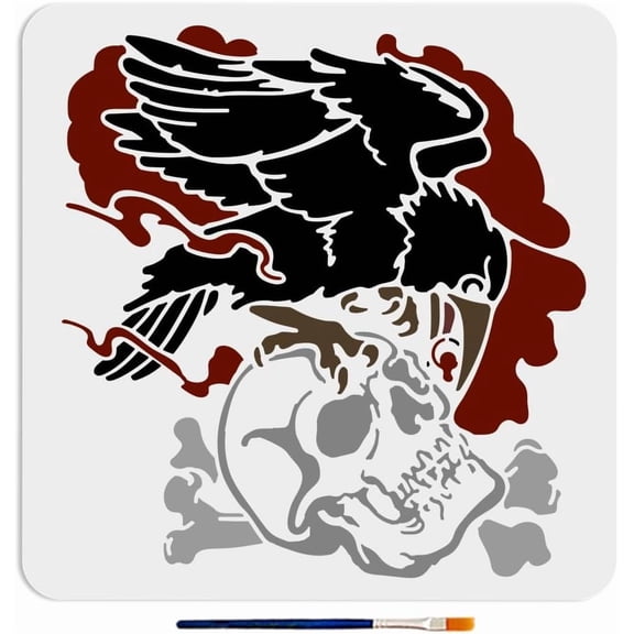 Crow Stencil 11.811.8inch Large Raven Crossbones Stencils with Paint Brush Scary Bird Animal Drawing Template for Craft Furniture Fabric Wall