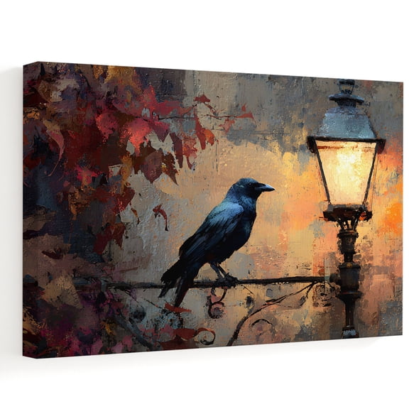 Crow Streetlight Canvas Wall Art 14" x 11" Nature Autumn Leaves Abstract Frame Picture Prints, Ready to Hang Waterproof Artwork Decor for Bedroom, Hallway, Office Desk Gallery Wall