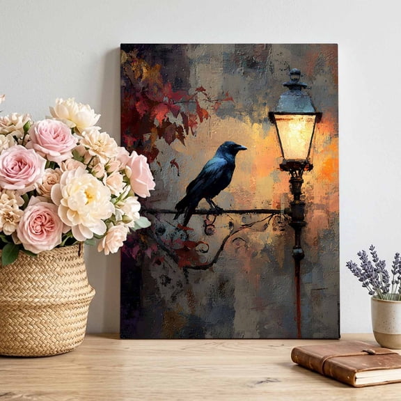 Crow Streetlight Canvas Wall Art for Living Room, Nature Animal Autumn Leaves Abstract Poster Print Painting for Bedroom Office Home Decoration Wall Pictures Prepare To Hang 8"x12"