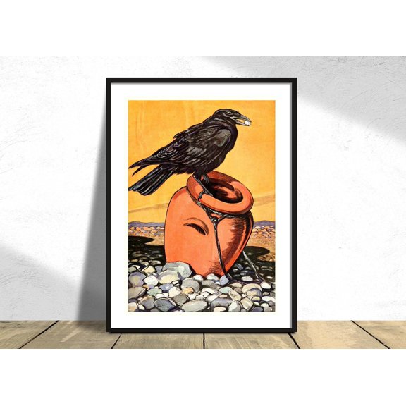 The Crow And The Water Jar, An Argosy Of Fables, Paul Bransom, Printed, Vintage Bird, Animal Print,Illustration From Book,Storytel #4034, Unframed Poster Size 12x18