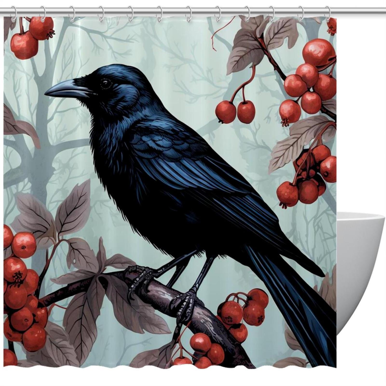 Crow Waterproof Shower Curtain Set with Hooks and Printed Design