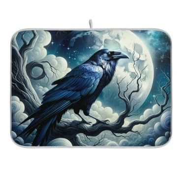 Crow on Branch with Moon Dish Drying Mat 16x18 Absorbent Microfiber Draining Rack Pad for Kitchen Counter Sink