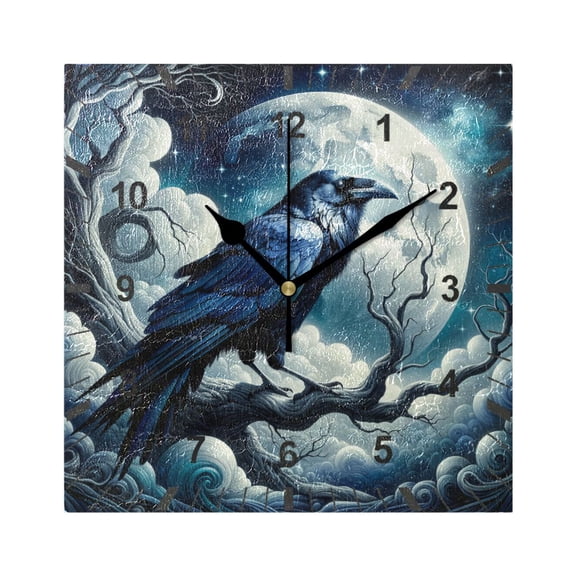 Crow on Branch with Moon Wall Clock Battery Operated Silent Non-Ticking Bedroom Office Kitchen Home School Decor 7.8"(Black)