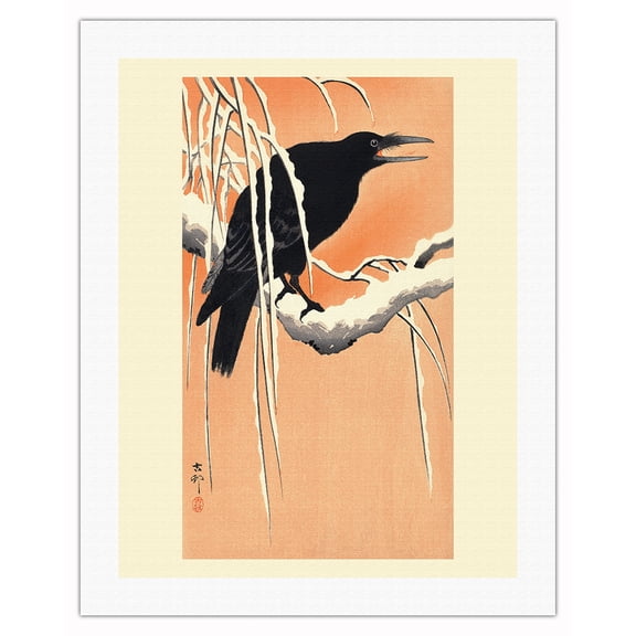 Crow on Snowy Branch - Vintage Japanese Woodblock Print by Ohara Koson c.1910 - Fine Art Rolled Canvas Print 20in x 26in