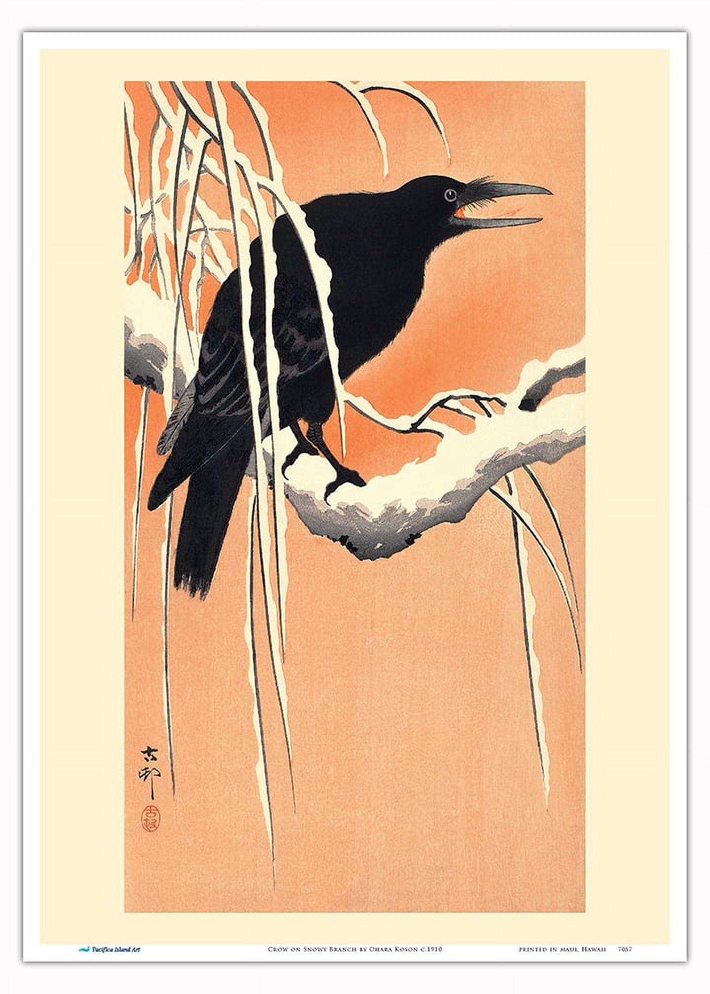 B4原画 crow Crow on Snowy Branch - Vintage Japanese Woodblock Print by Ohara