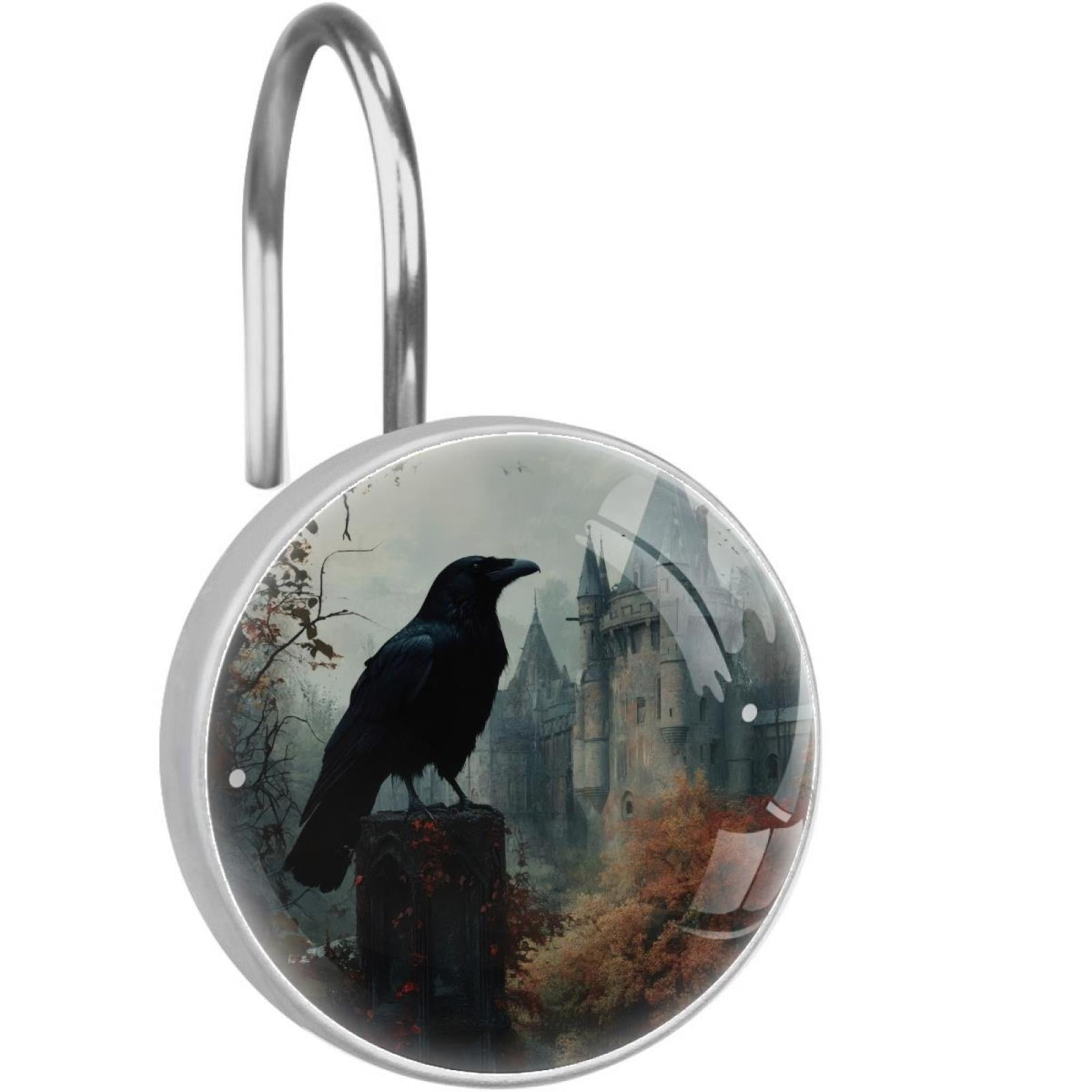 Crow on Stump Castle Shower Curtain Hooks Round Crystal Glass, Set of 12 Shower Curtain Rings - Shower Hooks for Curtain Shower Rings