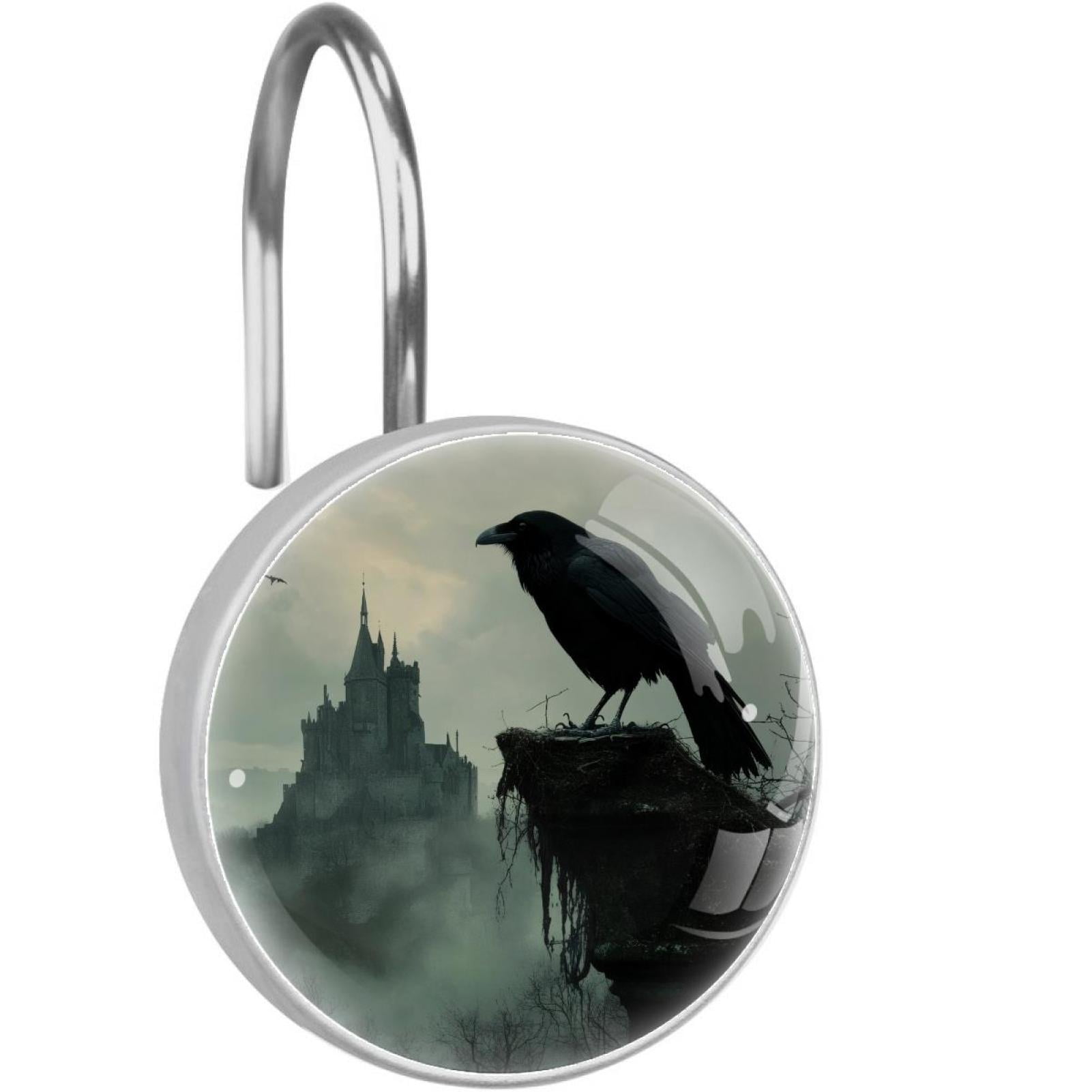Crow on Stump Shower Curtain Hooks Round Crystal Glass, Set of 12 Shower Curtain Rings - Shower Hooks for Curtain Shower Rings