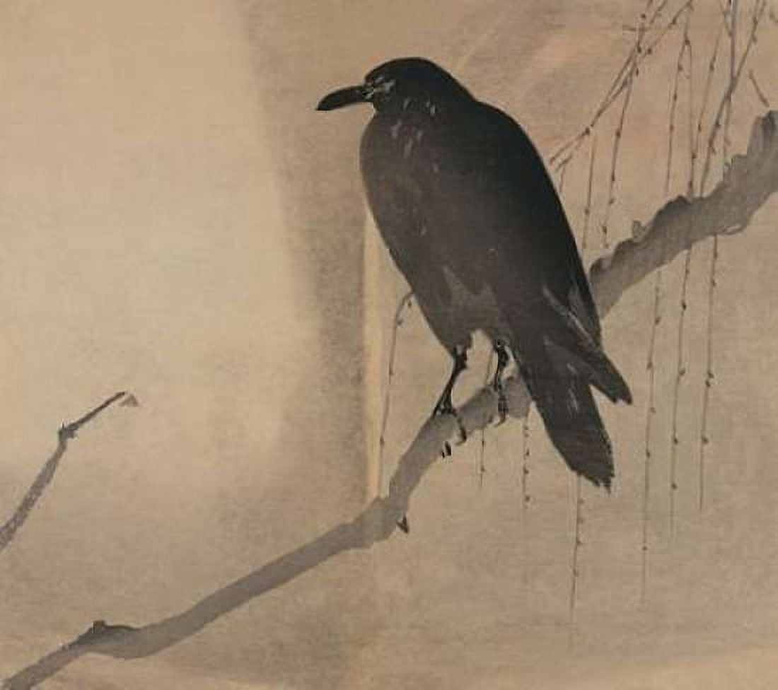 Crow on a willow branch 1875 Canvas Art - Unknown (24 x 24)