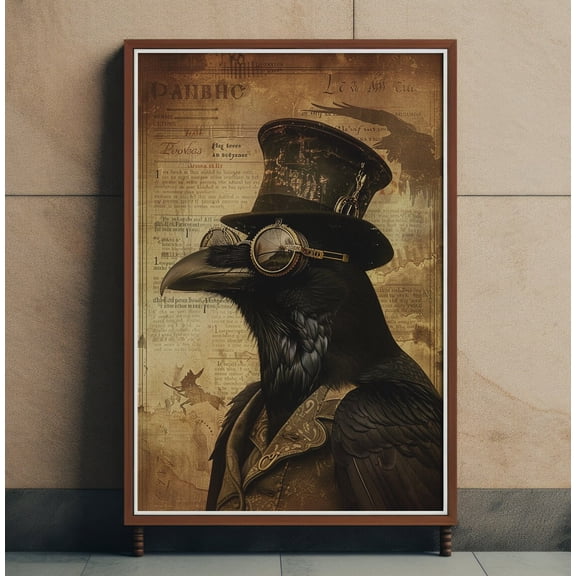 Crow with Hat Glasses Wall Art, Vintage Raven Decor, Unframed Paper Print Size 24x36