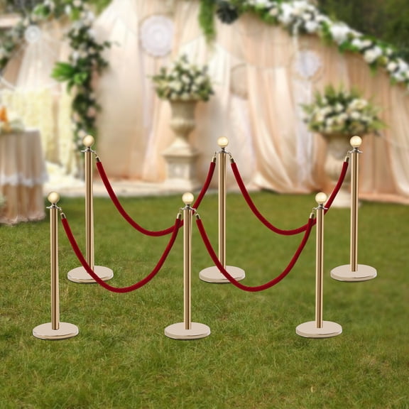 Crowd Control Barriers, 6 PCS Gold Stainless Steel Stanchion Posts with Red Velvet Rope for Parties, Weddings, Museums