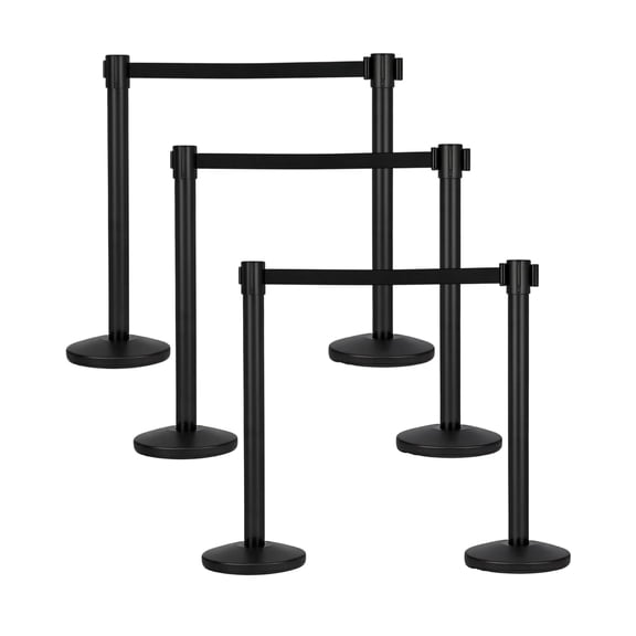 Crowd Control Barriers 6-Pack Retractable Belt Steel Stanchions with Fillable Hollow Bases 6.6ft Black Ropes for Secure Queue Lines in Banks Museums Corporate Events