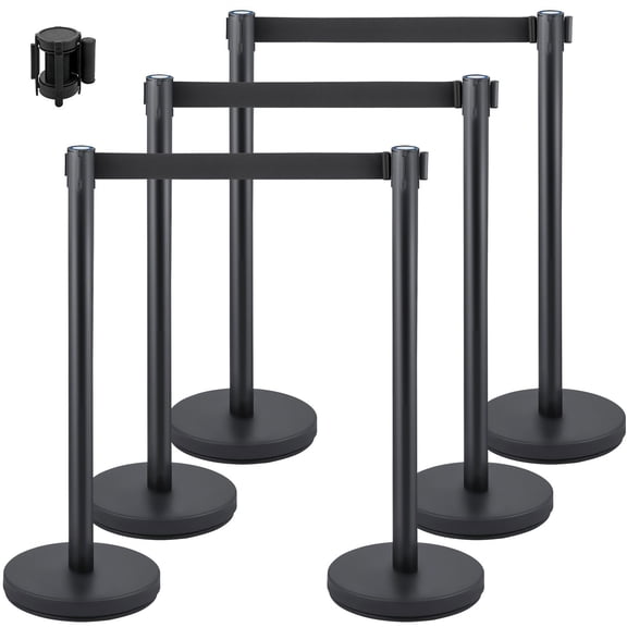 Crowd Control Stanchion 6-Pack, 6.6 ft Black Retractable Belt, Concrete & Metal Base, Easy Assembly for Queue Lines