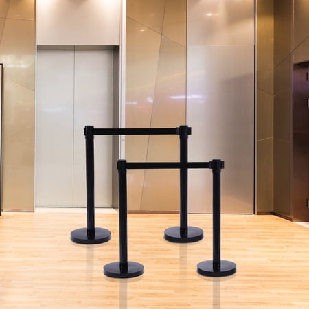 Crowd Control Stanchion Set, 4-Piece 35.4in Steel Posts with 6.6ft Black Belts, Easy Connect Assembly for Theaters/Hotels